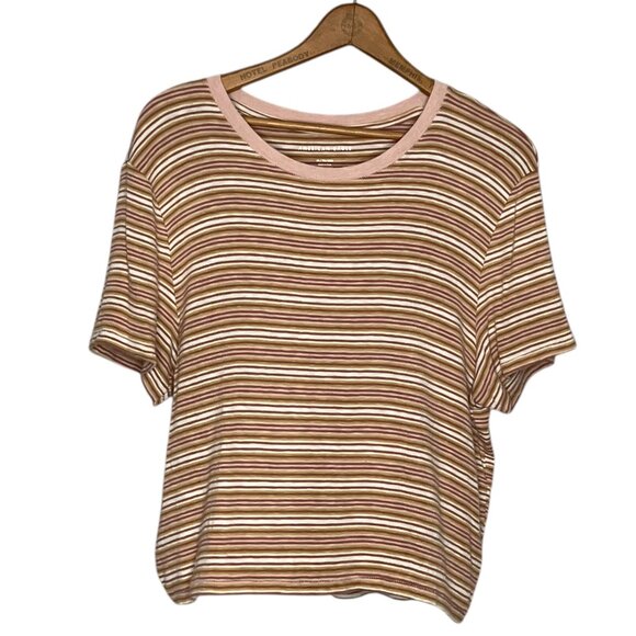 American Eagle XL Brown Stripe‎ Ribbed Knit Crop Crewneck T-Shirt Baby Tee Top - Picture 1 of 4